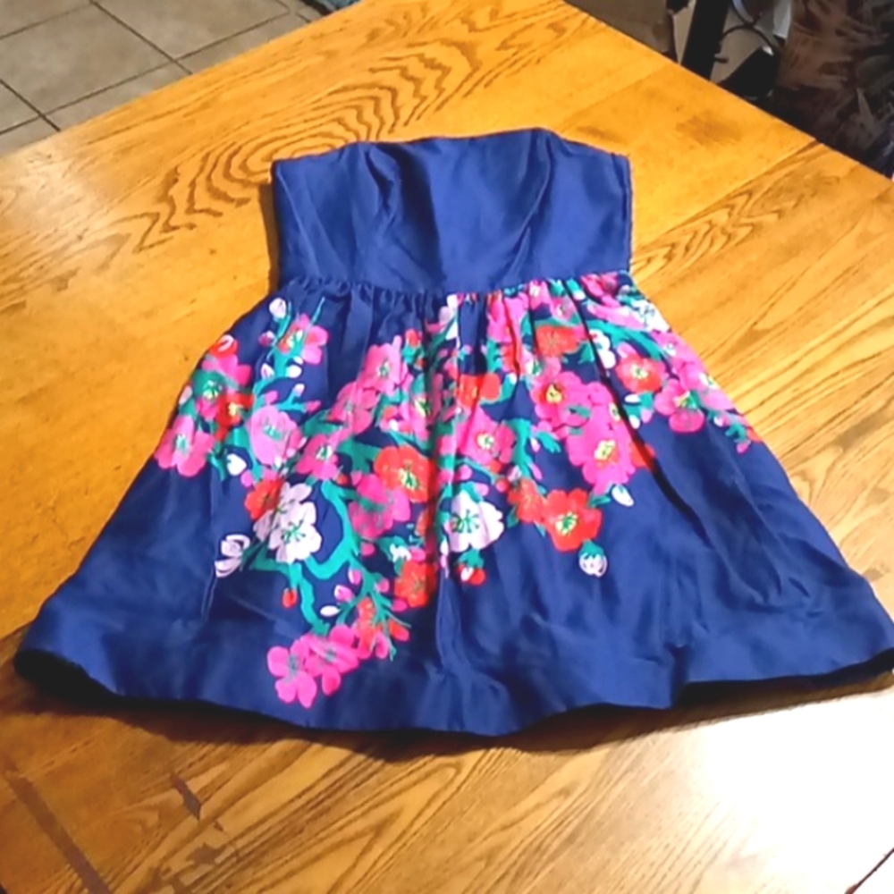 LILLY PULITZER Womens Dress 2 SHORT NAVY BLUE Used Preowned Strapless Floral